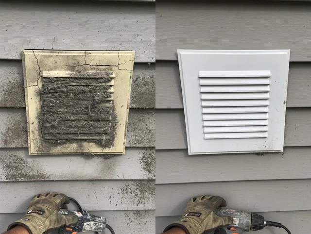 Lennox Dryer Vent Cleaning technician installing high-quality dryer vent cover at a residential property in Lennox