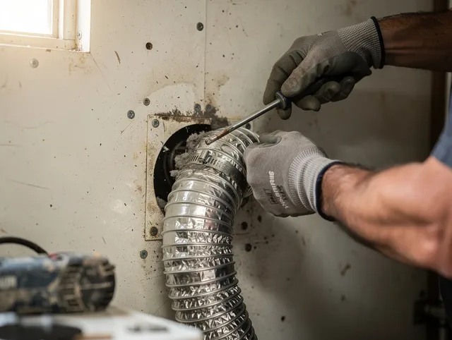 Lennox Dryer Vent Cleaning technician performing precise dryer vent hose installation in Lennox